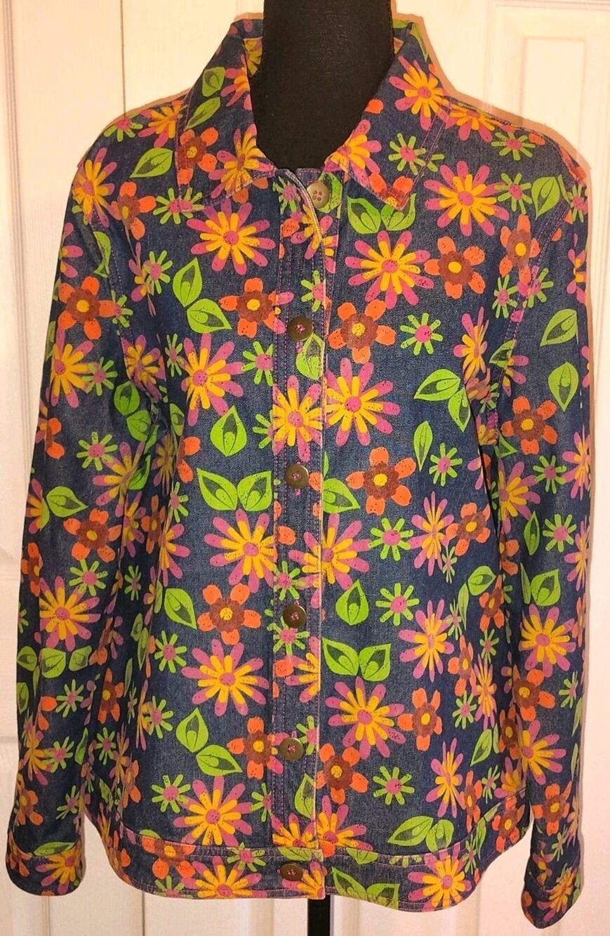 Vintage Analogy Floral Print Denim Jacket Women's Large 70s Flower Power Cotton
